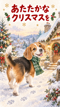 散歩するビーグルのクリスマスカード｜そのまま送れる無料イラスト 98003