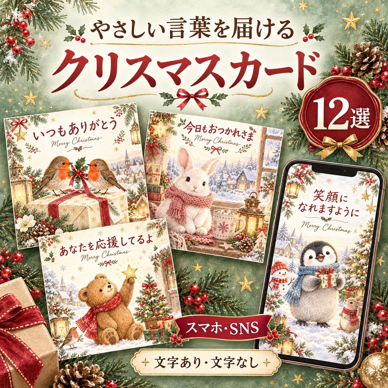やさしい言葉のクリスマスカード12選｜文字あり・文字なしの無料イラスト 98005に写真・文字を入れる