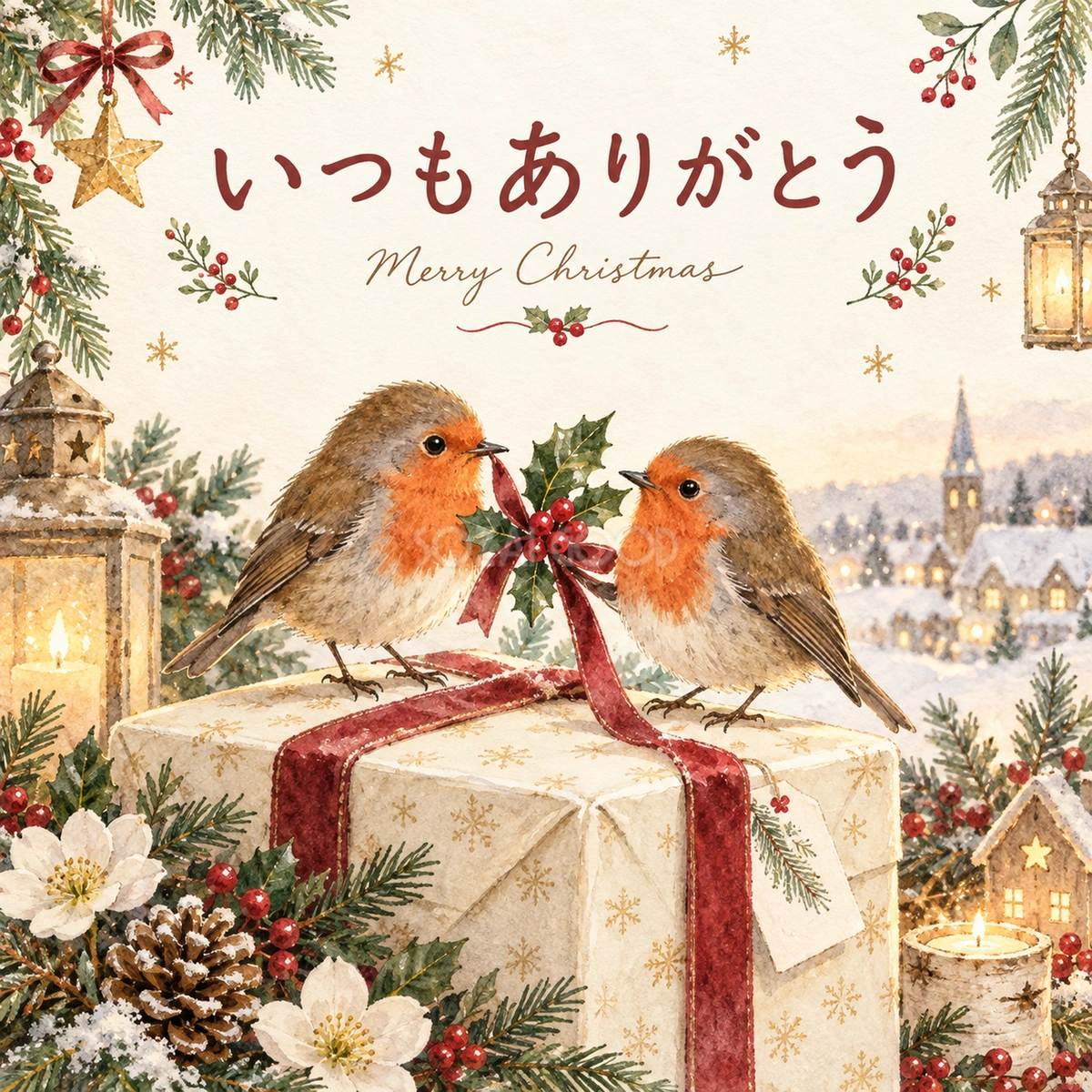 感謝を届ける小鳥のクリスマスカード｜文字あり・文字なしの無料イラスト 98006