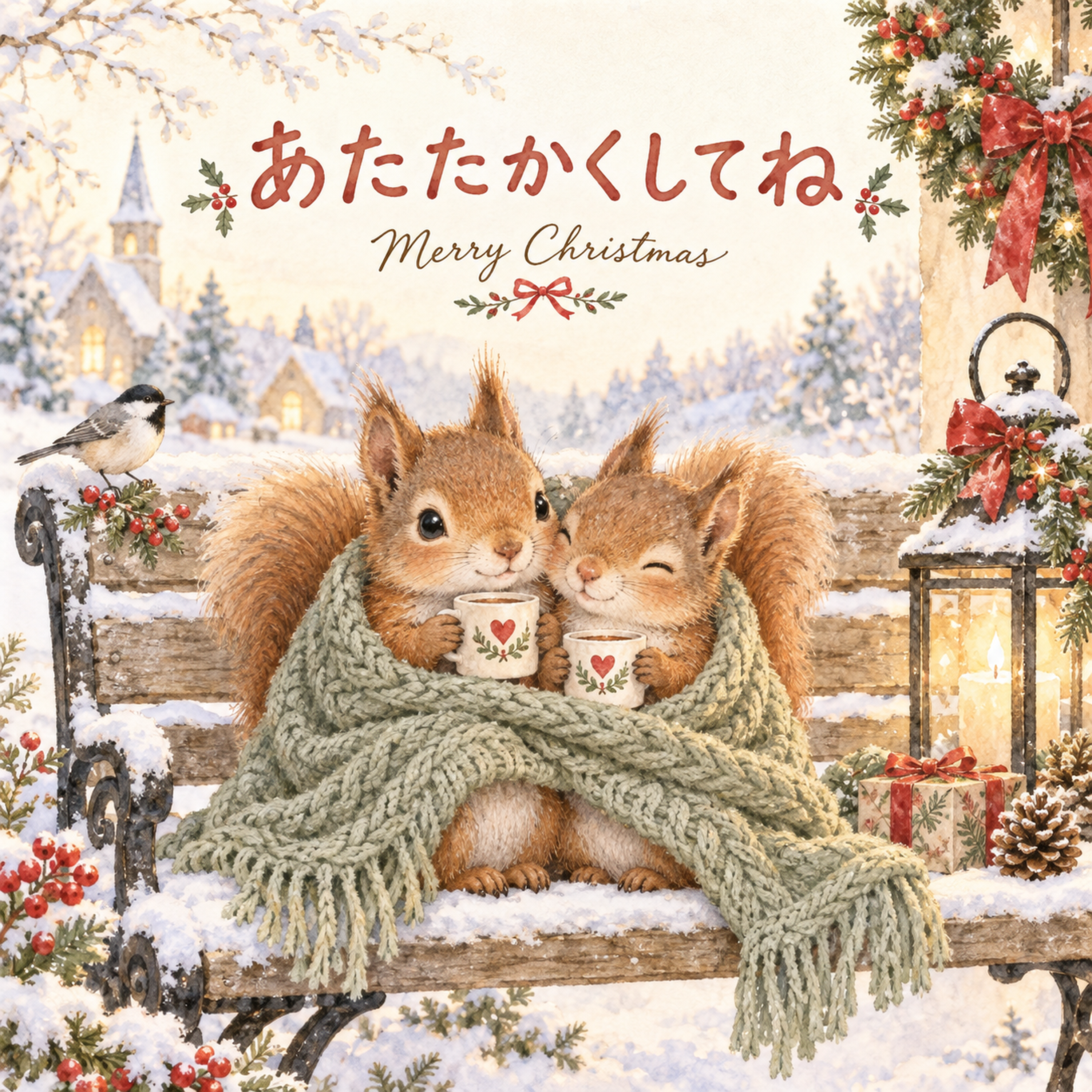 寄り添うリスのクリスマスカード｜文字あり・文字なしの無料イラスト 98008に写真・文字を入れる