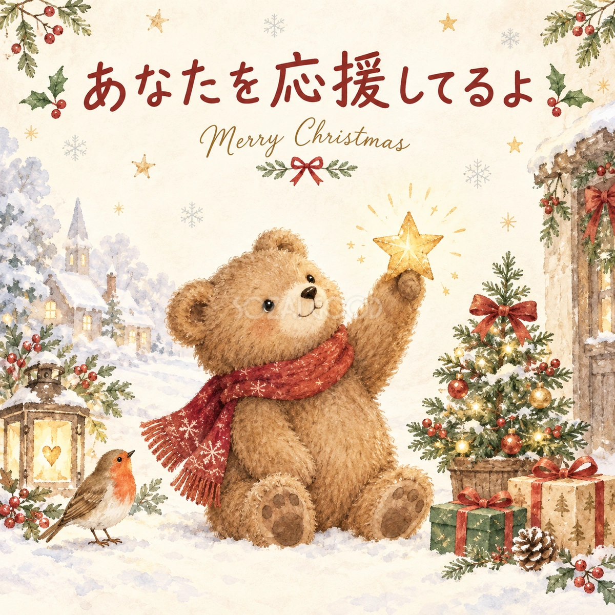 応援する子ぐまのクリスマスカード｜文字あり・文字なしの無料イラスト 98009