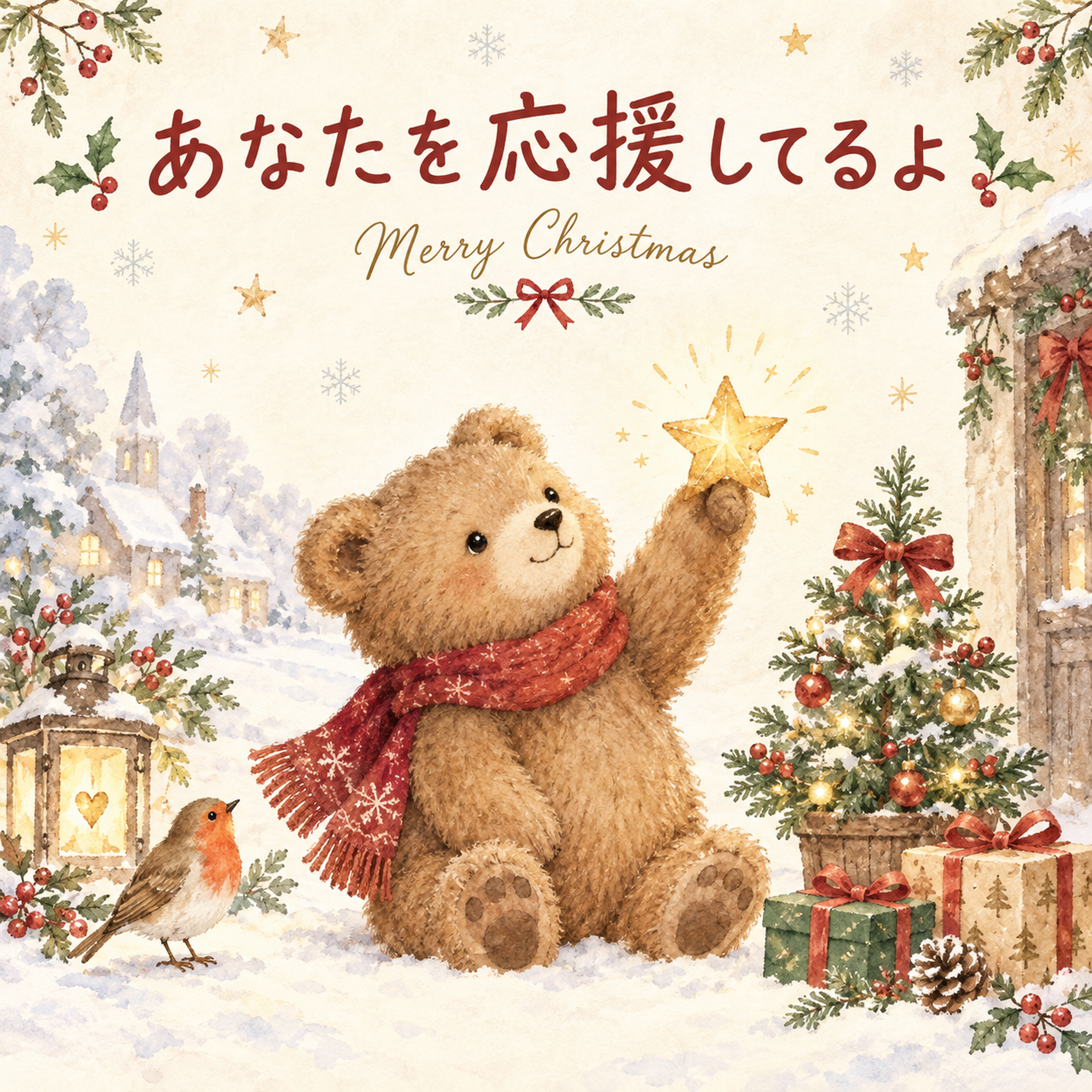 応援する子ぐまのクリスマスカード｜文字あり・文字なしの無料イラスト 98009に写真・文字を入れる