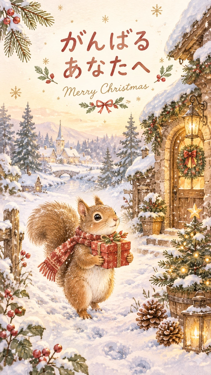 贈り物を運ぶリスのクリスマスカード|文字あり・文字なしの無料イラスト 98012