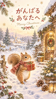 贈り物を運ぶリスのクリスマスカード｜文字あり・文字なしの無料イラスト 98012