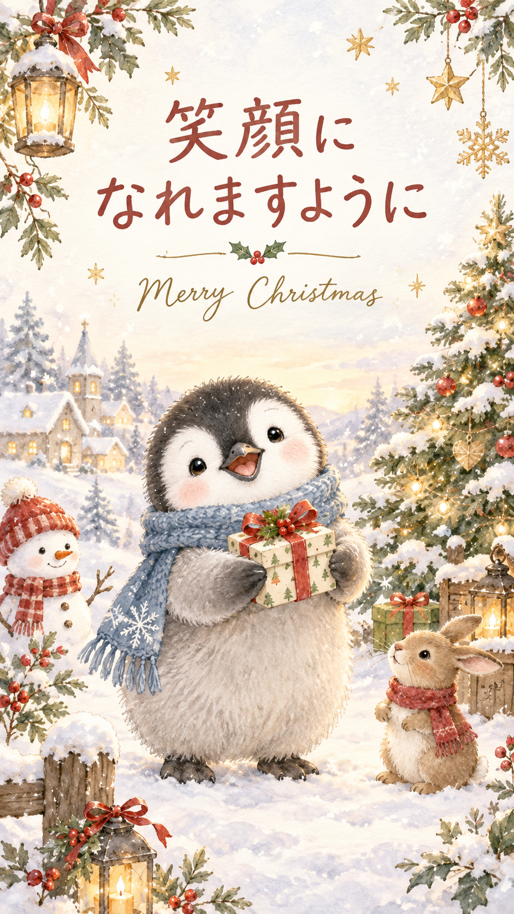 笑顔を届けるペンギンのクリスマスカード｜文字あり・文字なしの無料イラスト 98014に写真・文字を入れる