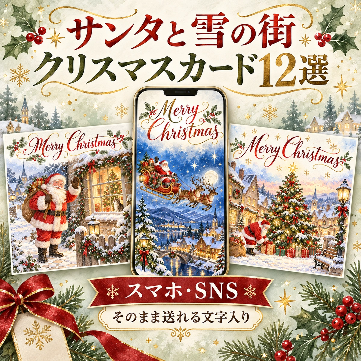 サンタと雪の街のクリスマスカード12選|スマホ・SNSで送れる無料イラスト 98018