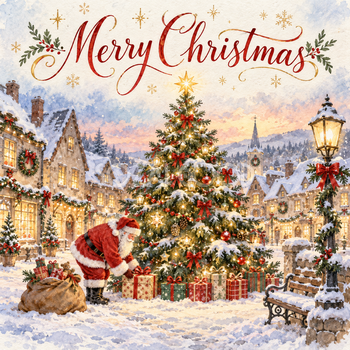 雪の広場とクリスマスツリーのクリスマスカード｜そのまま送れる無料イラスト 98021