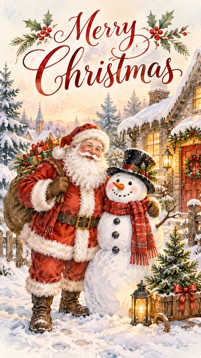 雪だるまとサンタのクリスマスカード|そのまま送れる無料イラスト 98026