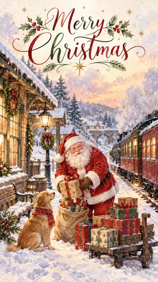雪の駅へ届く贈り物のクリスマスカード|そのまま送れる無料イラスト 98029