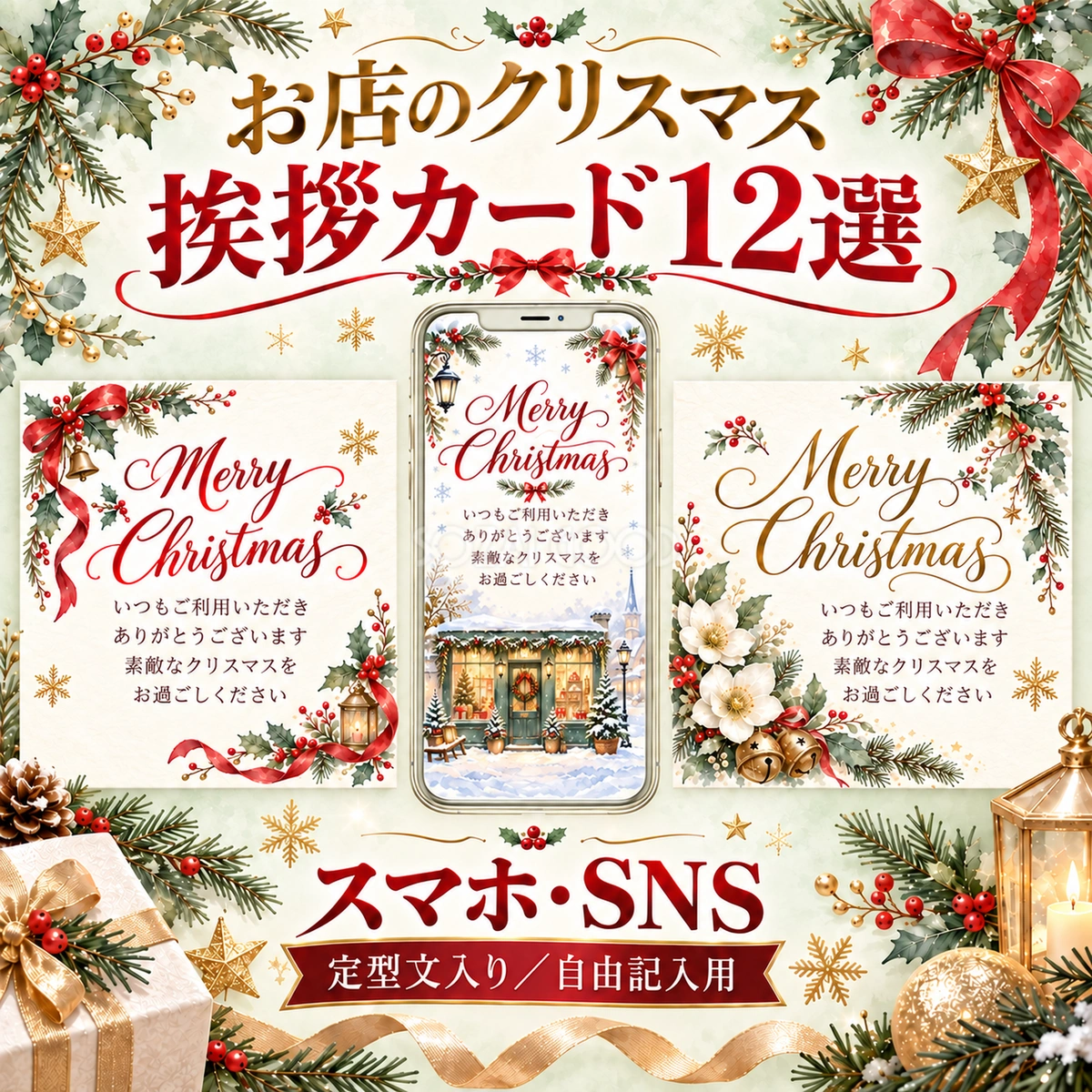 お店のクリスマス挨拶カード12選｜定型文入り・自由記入用の無料イラスト 98031