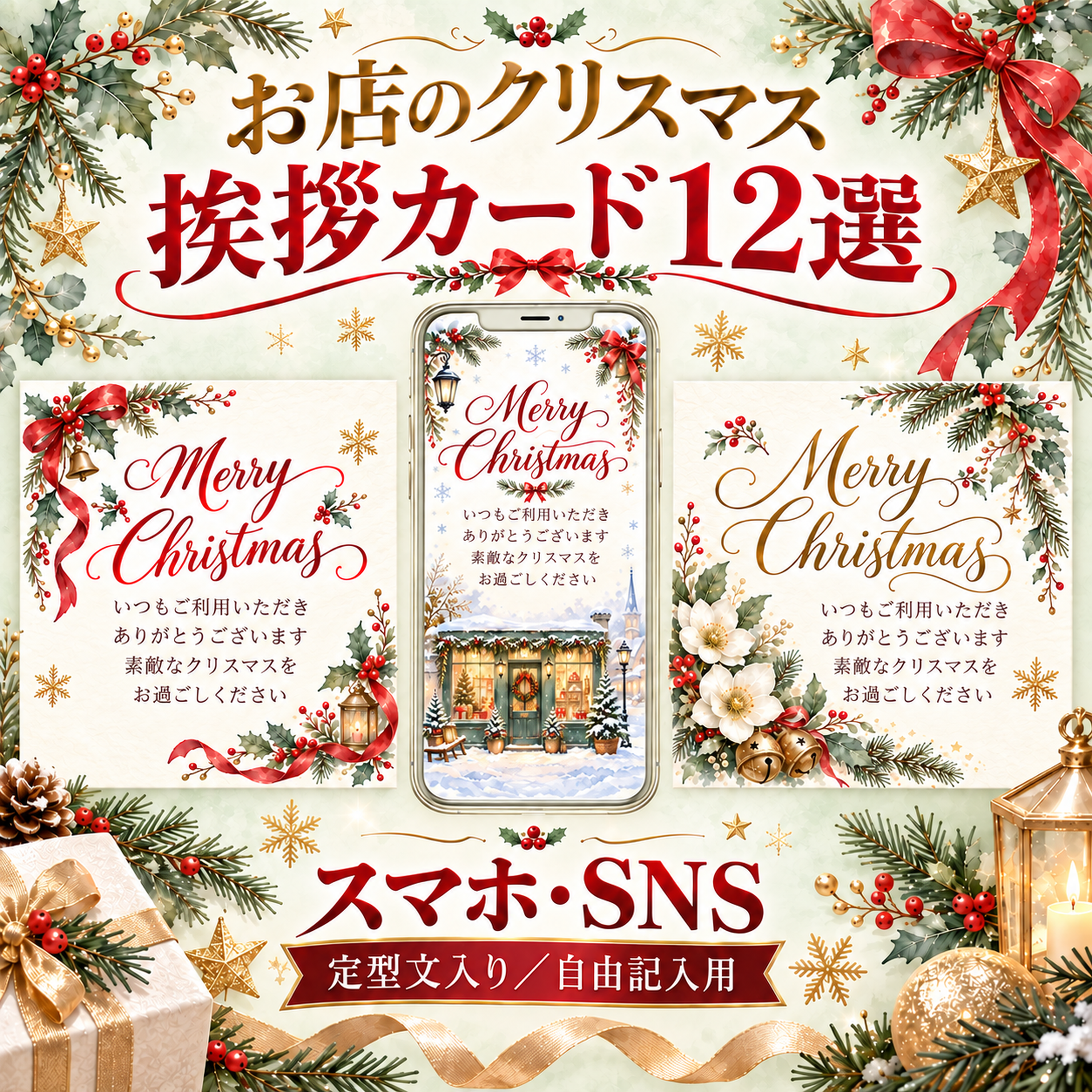 お店のクリスマス挨拶カード12選｜定型文入り・自由記入用の無料イラスト 98031に写真・文字を入れる