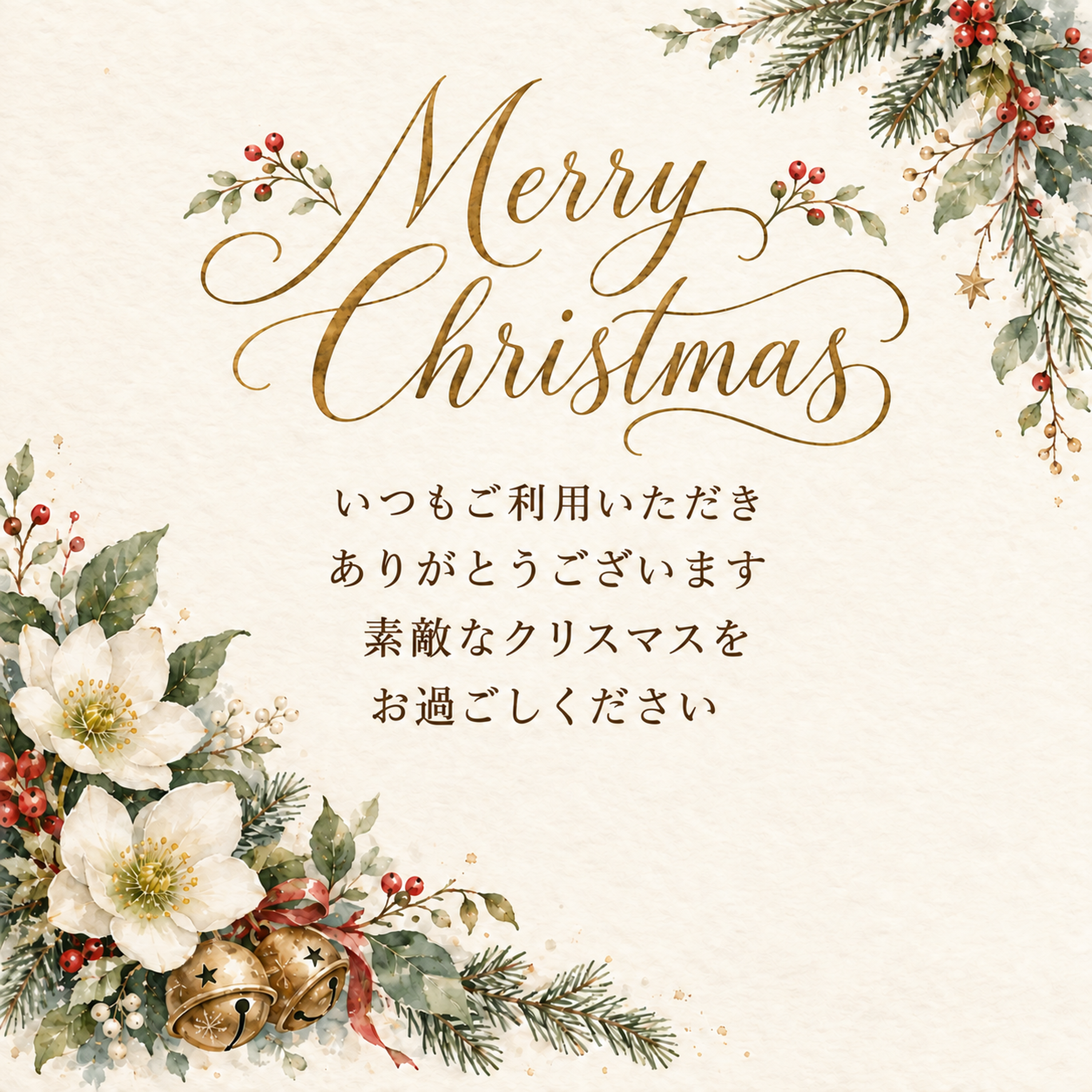 白い花と金のベルのクリスマス挨拶カード｜お店向け無料イラスト 98033に写真・文字を入れる