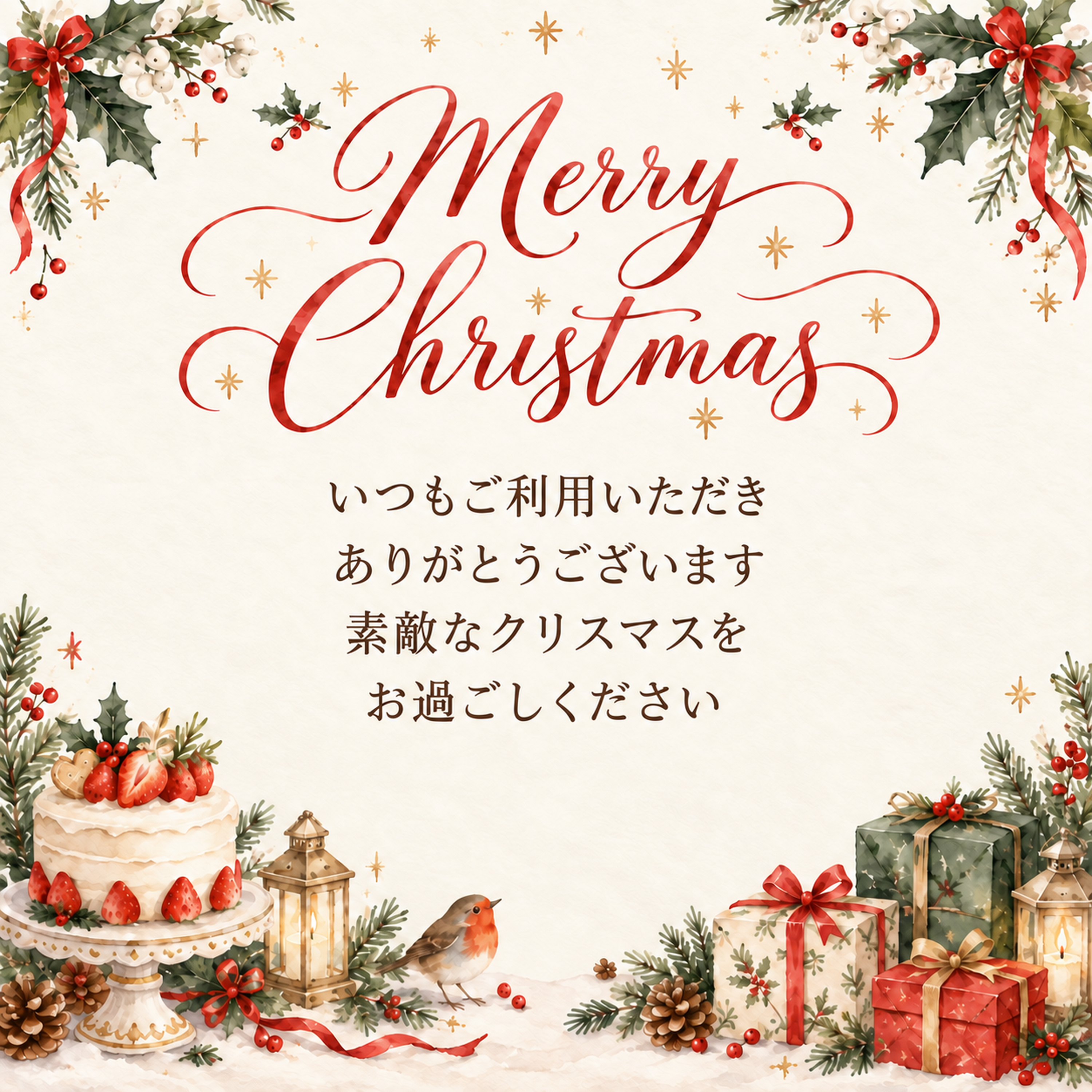 クリスマスケーキと贈り物のクリスマス挨拶カード｜お店向け無料イラスト 98035に写真・文字を入れる