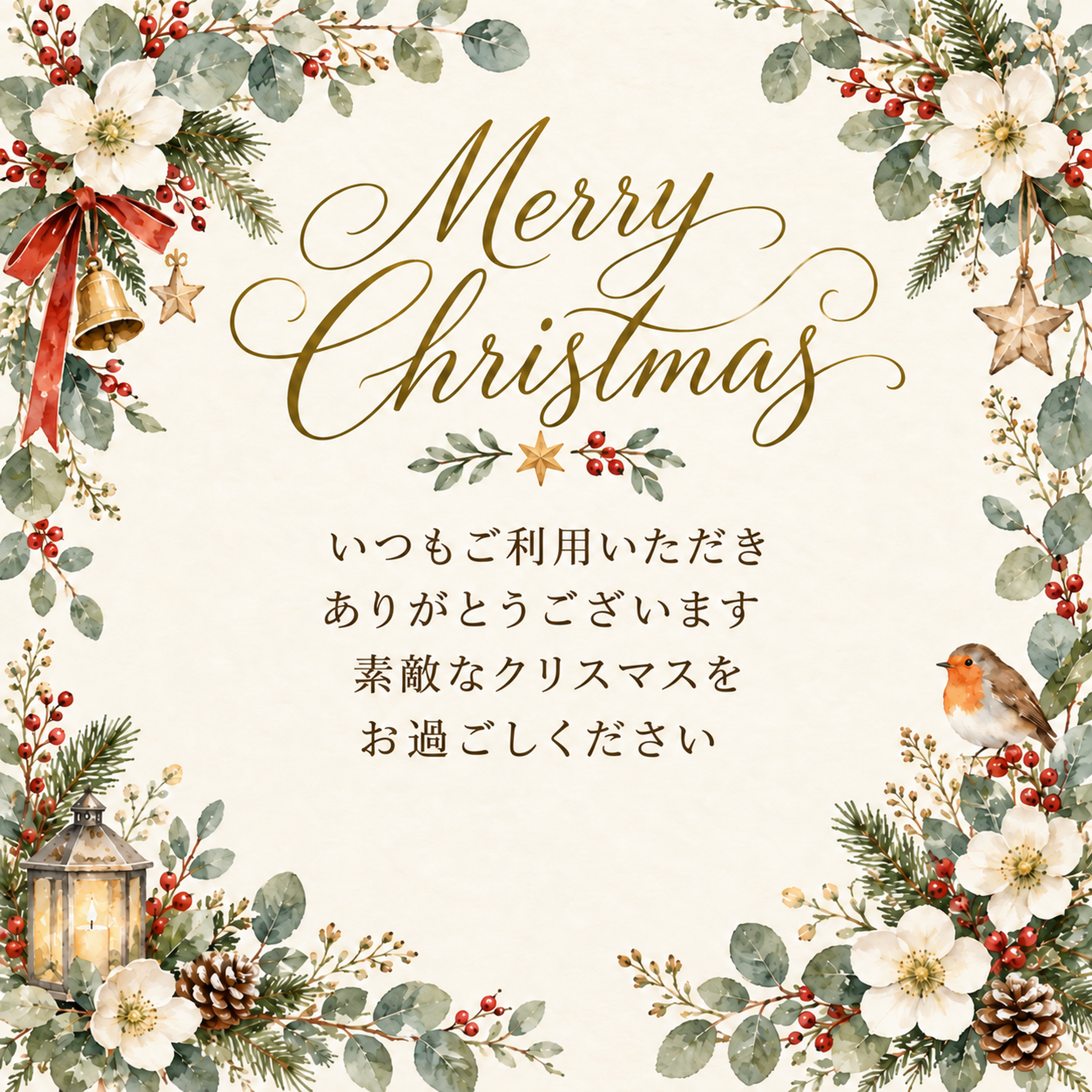 花屋のクリスマスリースのクリスマス挨拶カード｜お店向け無料イラスト 98036に写真・文字を入れる