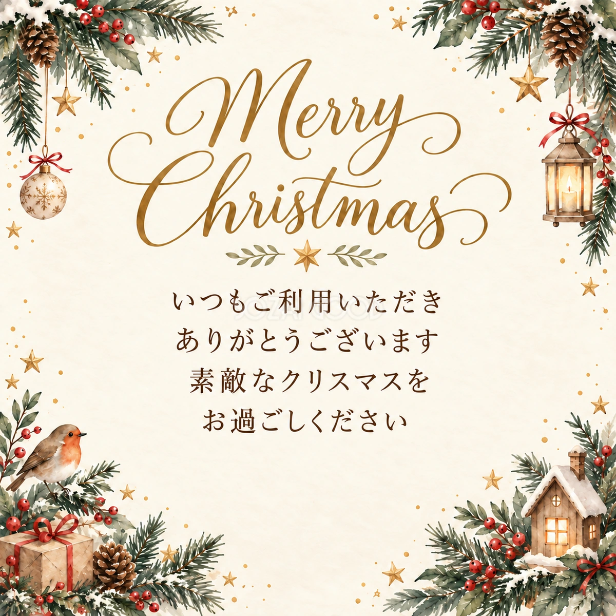 深緑とシャンパンゴールドのクリスマス挨拶カード|お店向け無料イラスト 98037