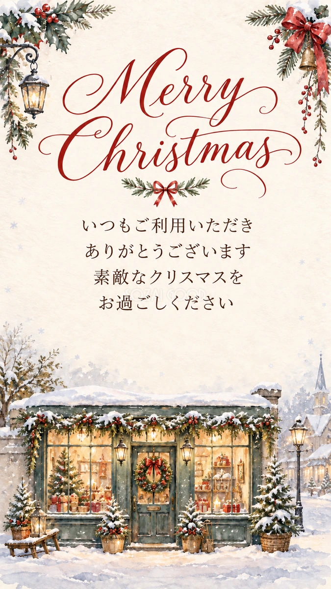 雪の店先のクリスマス挨拶カード｜お店向け無料イラスト 98038