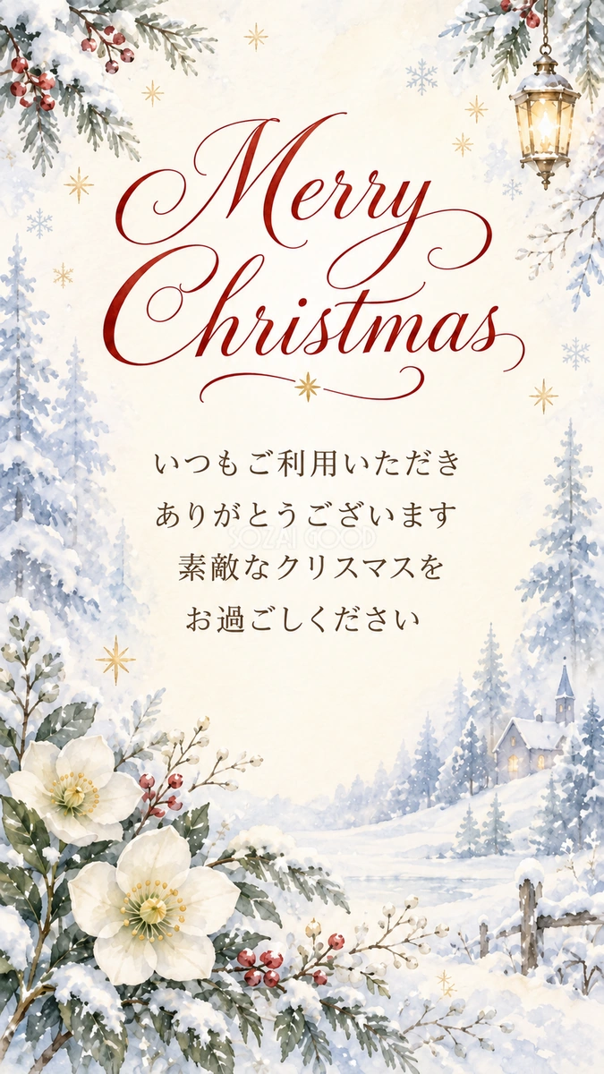 青い雪景色と白い花のクリスマス挨拶カード｜お店向け無料イラスト 98042