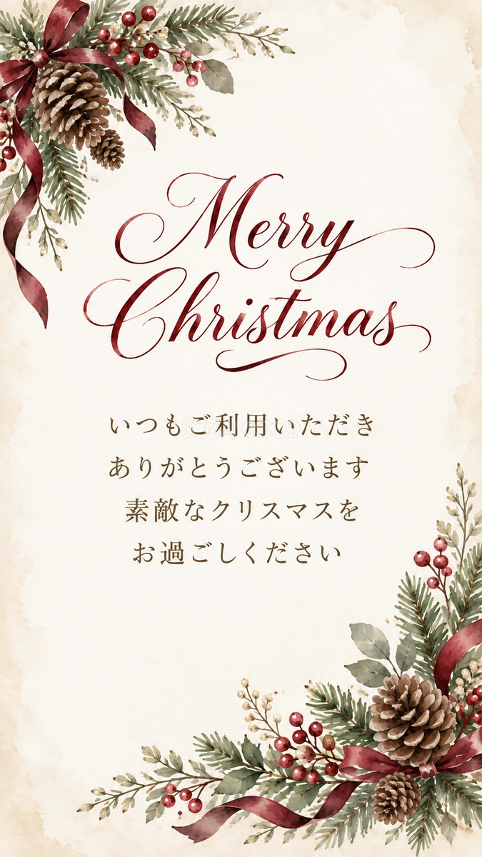 上品な松ぼっくりと水彩のクリスマス挨拶カード｜お店向け無料イラスト 98043