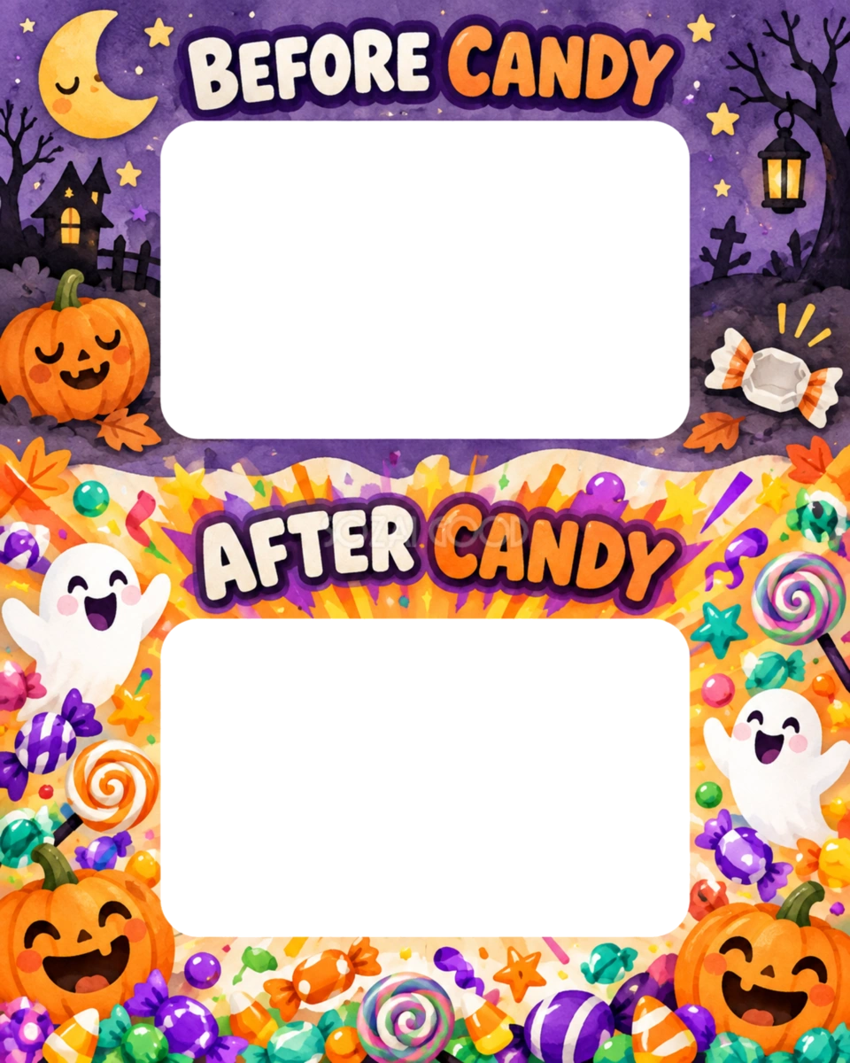 お菓子の前後を比べるハロウィン写真フレーム|写真2枚用の無料イラスト 98045