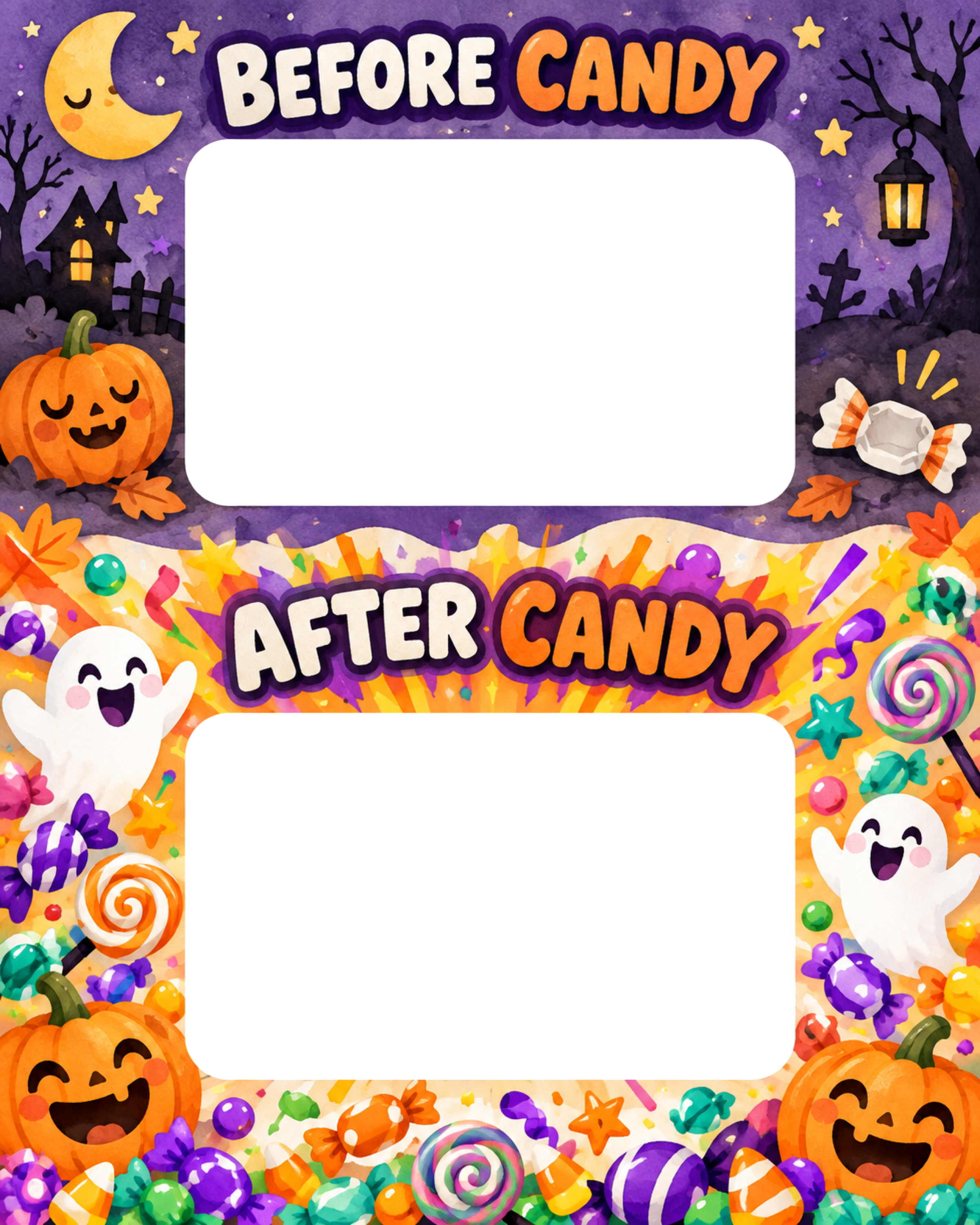 お菓子の前後を比べるハロウィン写真フレーム｜写真2枚用の無料イラスト 98045に写真・文字を入れる