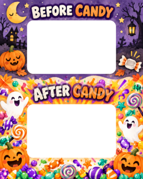 お菓子の前後を比べるハロウィン写真フレーム｜写真2枚用の無料イラスト 98045