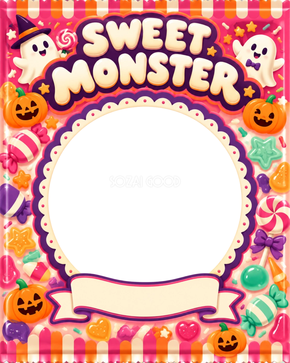 お菓子いっぱいのハロウィン写真フレーム｜無料イラスト 98049