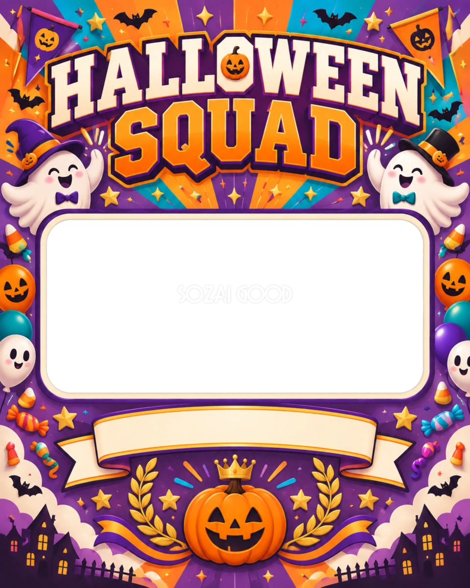 仲間と楽しむハロウィン写真フレーム｜グループ用無料イラスト 98056