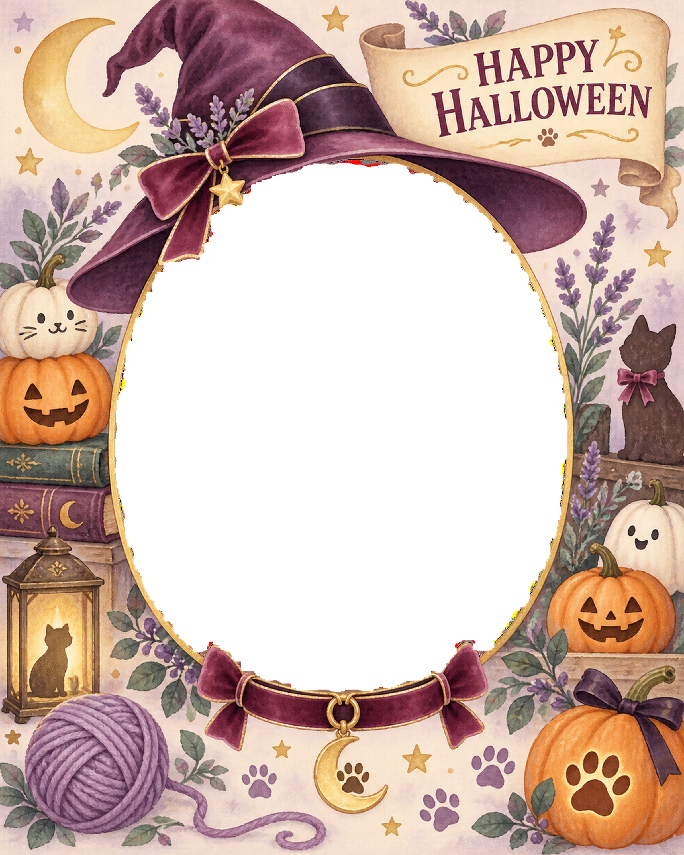 魔女帽子と月の首輪のペット用ハロウィン写真フレーム｜無料イラスト 98059に写真・文字を入れる