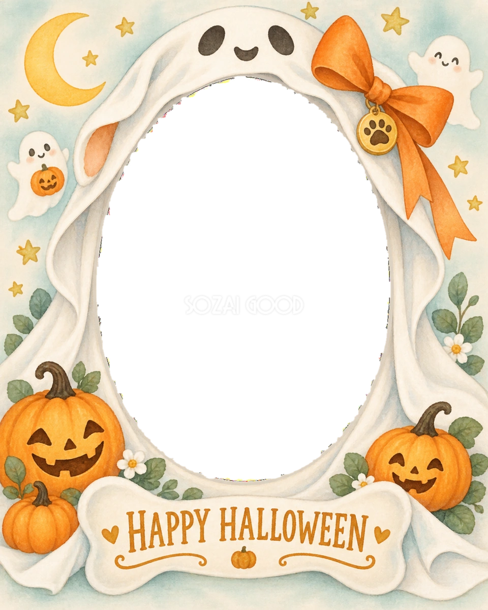 おばけフードをかぶれるペットのハロウィン写真フレーム｜無料イラスト 98062