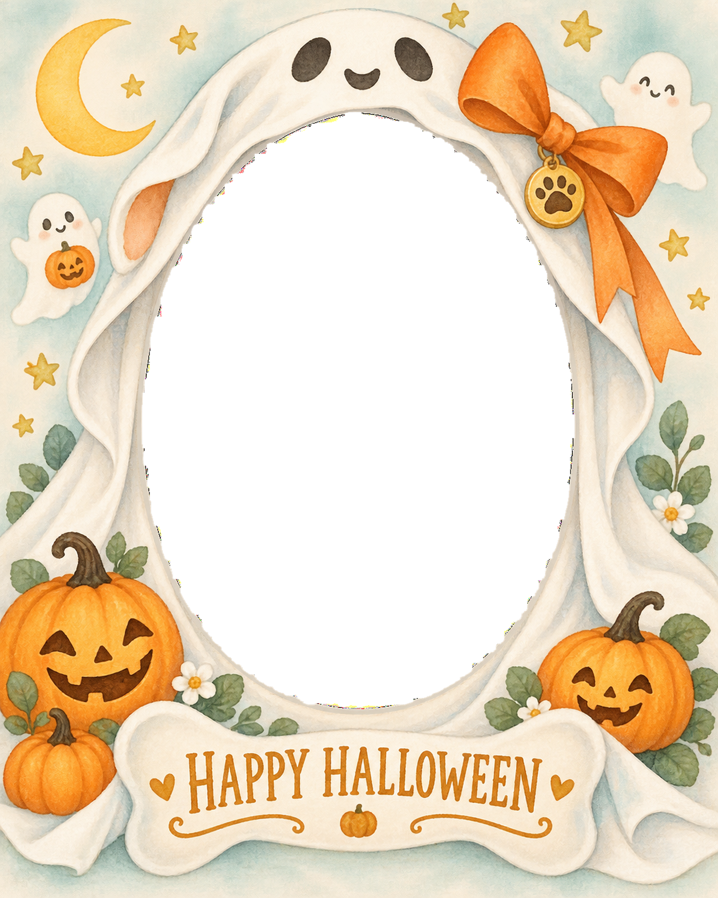 おばけフードをかぶれるペットのハロウィン写真フレーム｜無料イラスト 98062に写真・文字を入れる