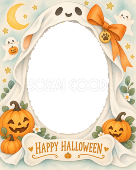 おばけフードをかぶれるペットのハロウィン写真フレーム｜無料イラスト 98062