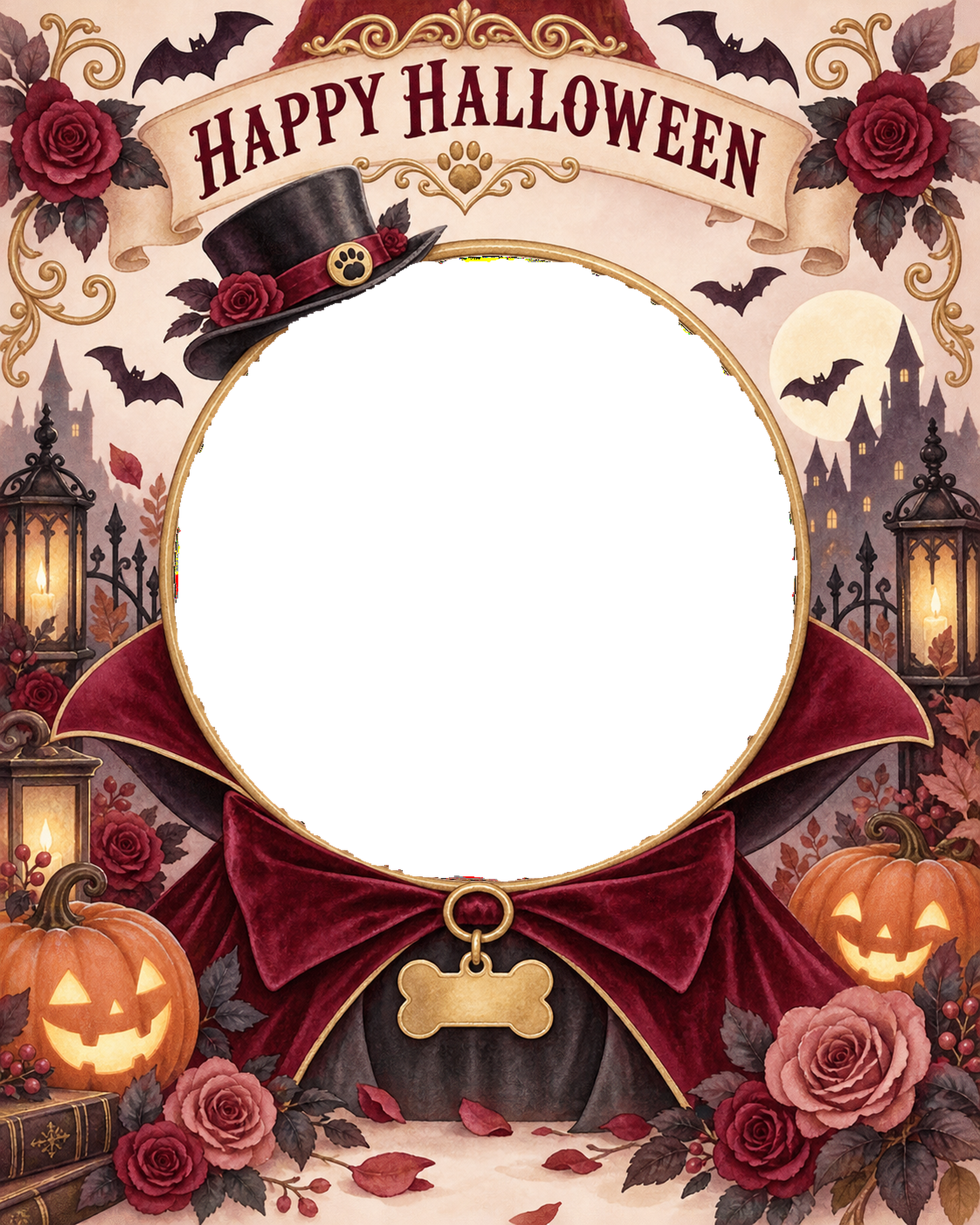 ケープと骨型迷子札のペット用ハロウィン写真フレーム｜無料イラスト 98063に写真・文字を入れる