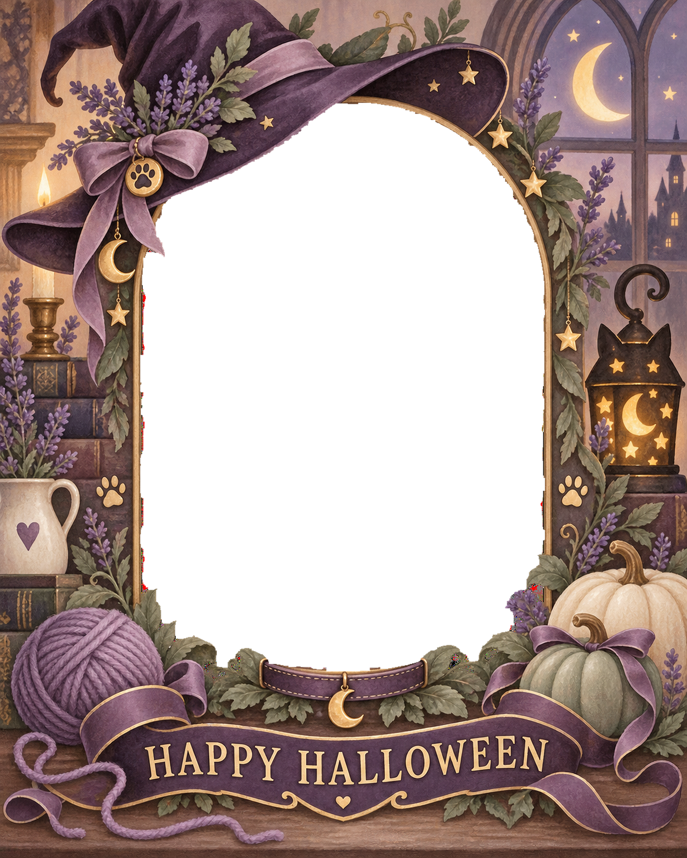 魔女帽子と毛糸の猫用ハロウィン写真フレーム｜無料イラスト 98065に写真・文字を入れる