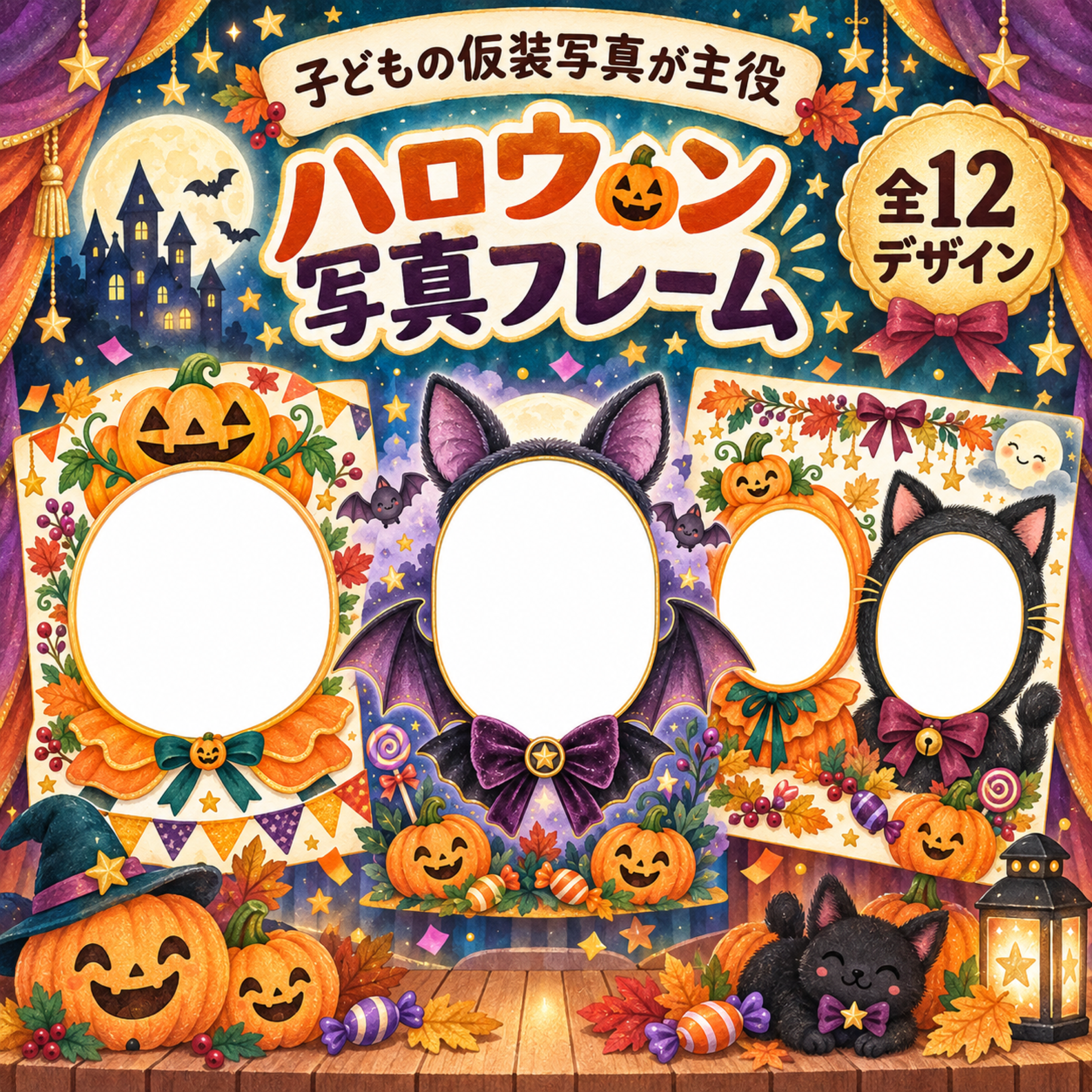子どもの仮装ハロウィン写真フレーム12選｜無料イラスト素材 98070に写真・文字を入れる