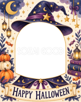 魔女帽子で仮装できる子どものハロウィン写真フレーム｜無料イラスト 98072