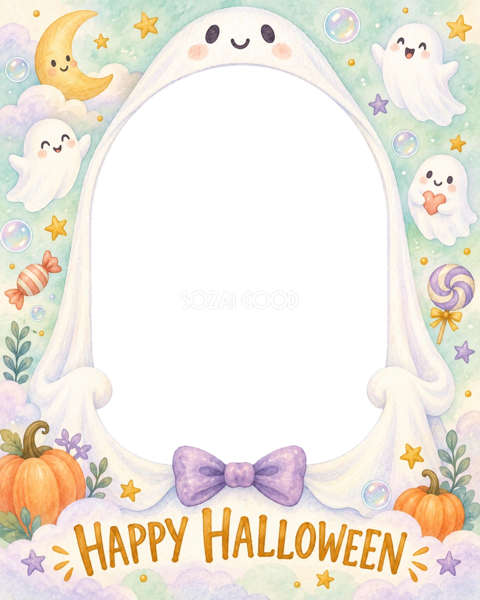 おばけフードで仮装できる子どものハロウィン写真フレーム|無料イラスト 98073