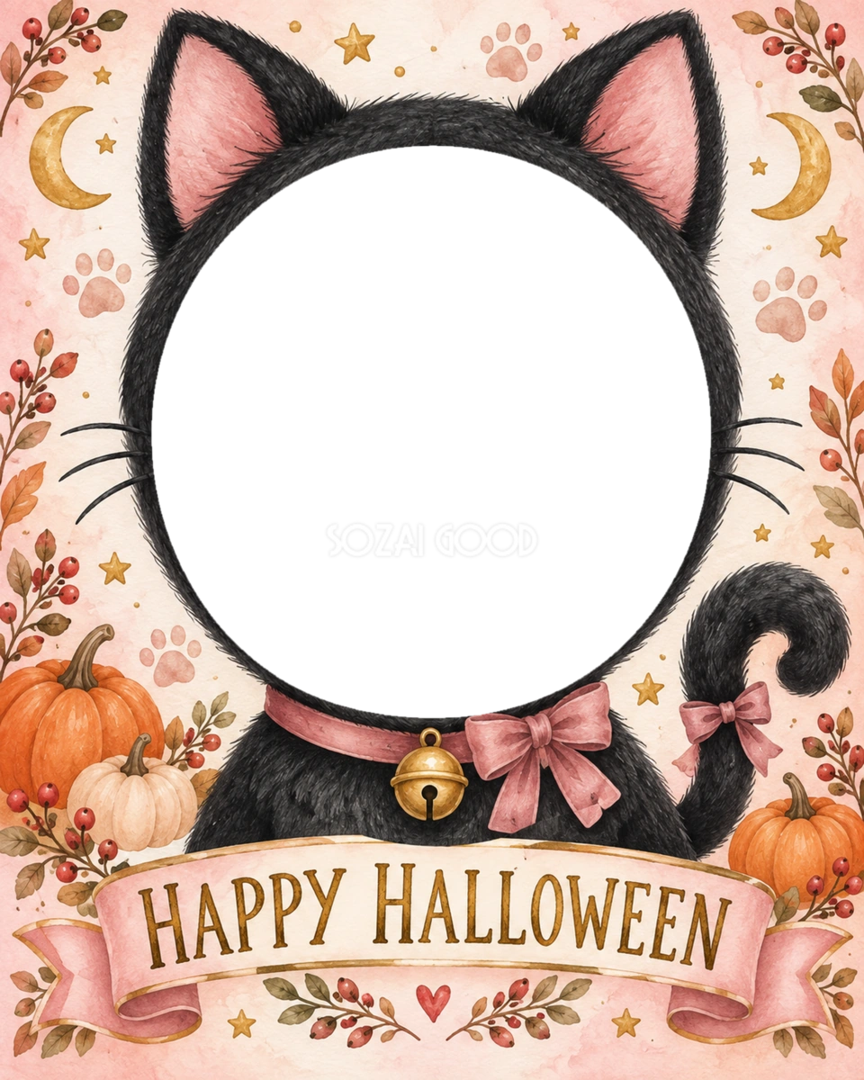 黒猫の耳としっぽで仮装する子どものハロウィン写真フレーム|無料イラスト 98074