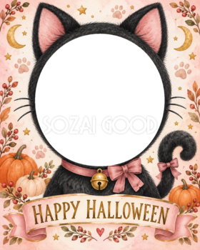 黒猫の耳としっぽで仮装する子どものハロウィン写真フレーム｜無料イラスト 98074