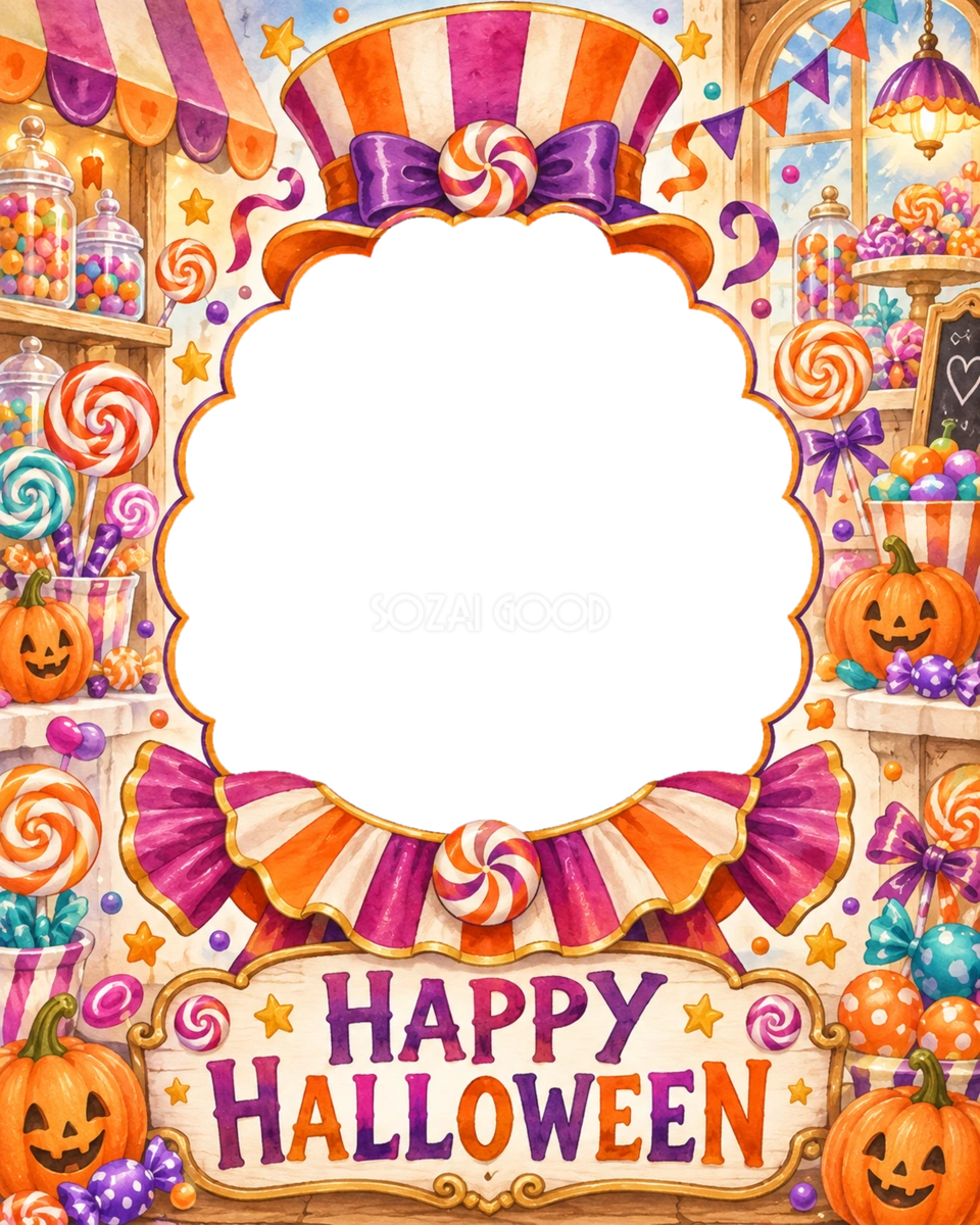 キャンディ衣装で仮装できる子どものハロウィン写真フレーム|無料イラスト 98076