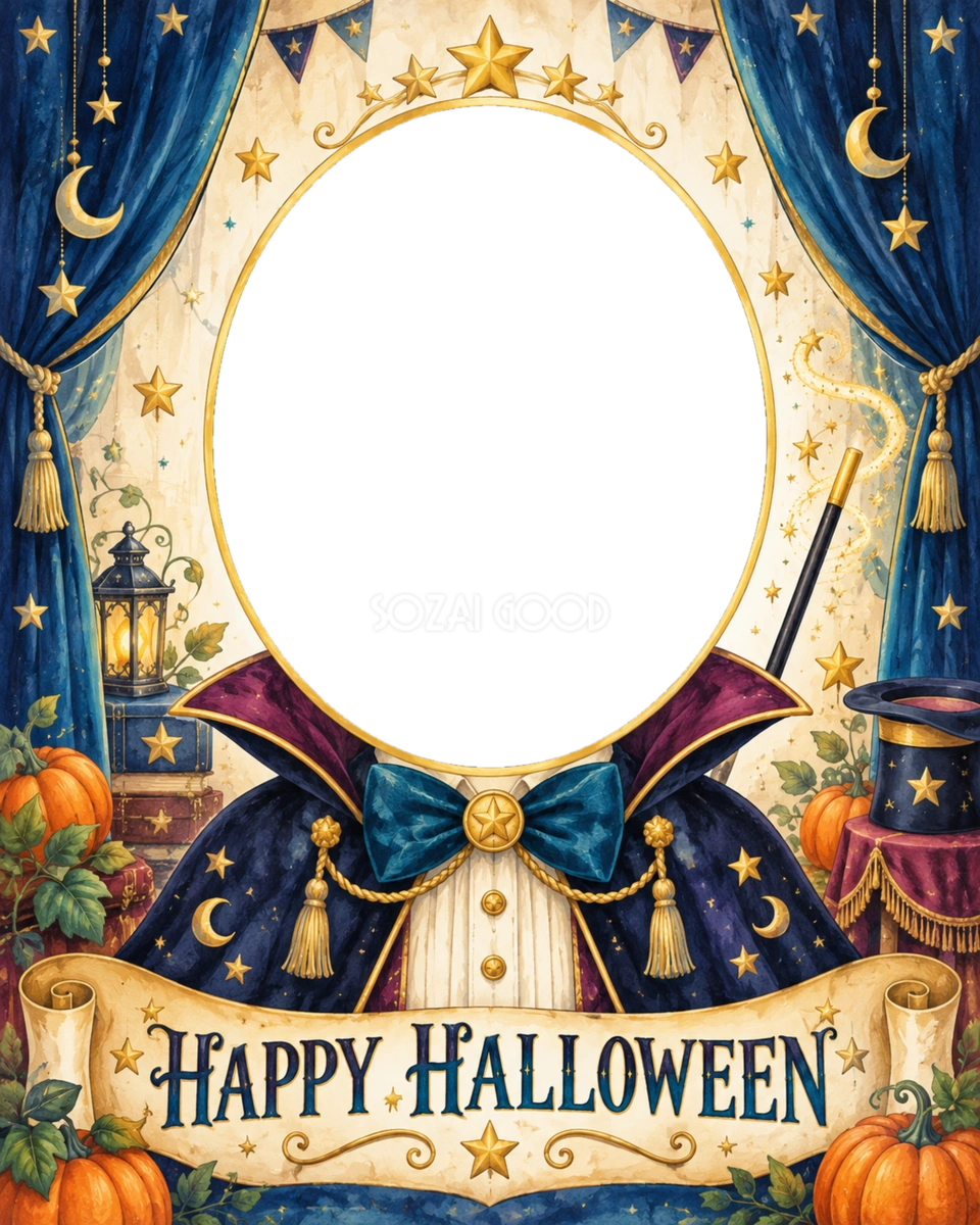 マジックショーの子ども用ハロウィン写真フレーム｜無料イラスト 98078