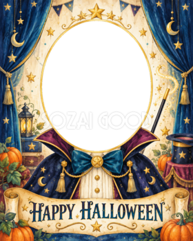 マジックショーの子ども用ハロウィン写真フレーム｜無料イラスト 98078