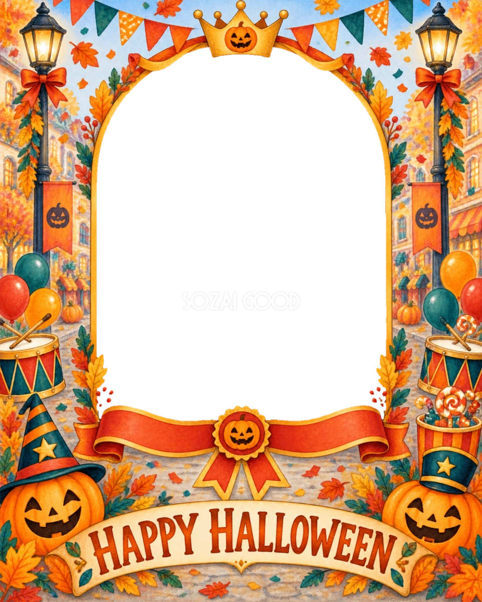全身写真で楽しむ子どものハロウィン仮装パレードフレーム｜無料イラスト 98080