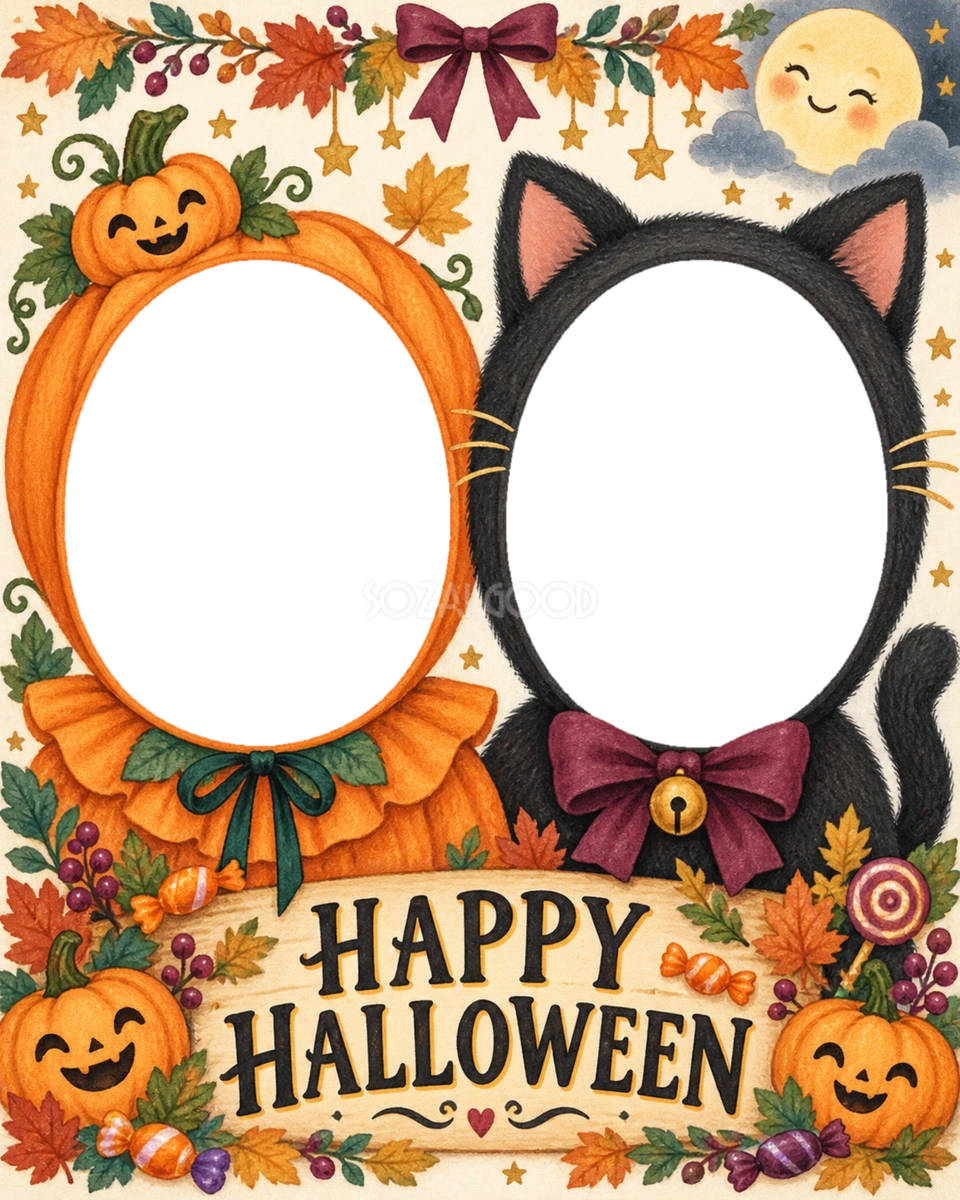 兄弟姉妹を2人並べる子どものハロウィン写真フレーム｜無料イラスト 98081