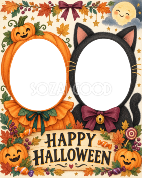 兄弟姉妹を2人並べる子どものハロウィン写真フレーム｜無料イラスト 98081