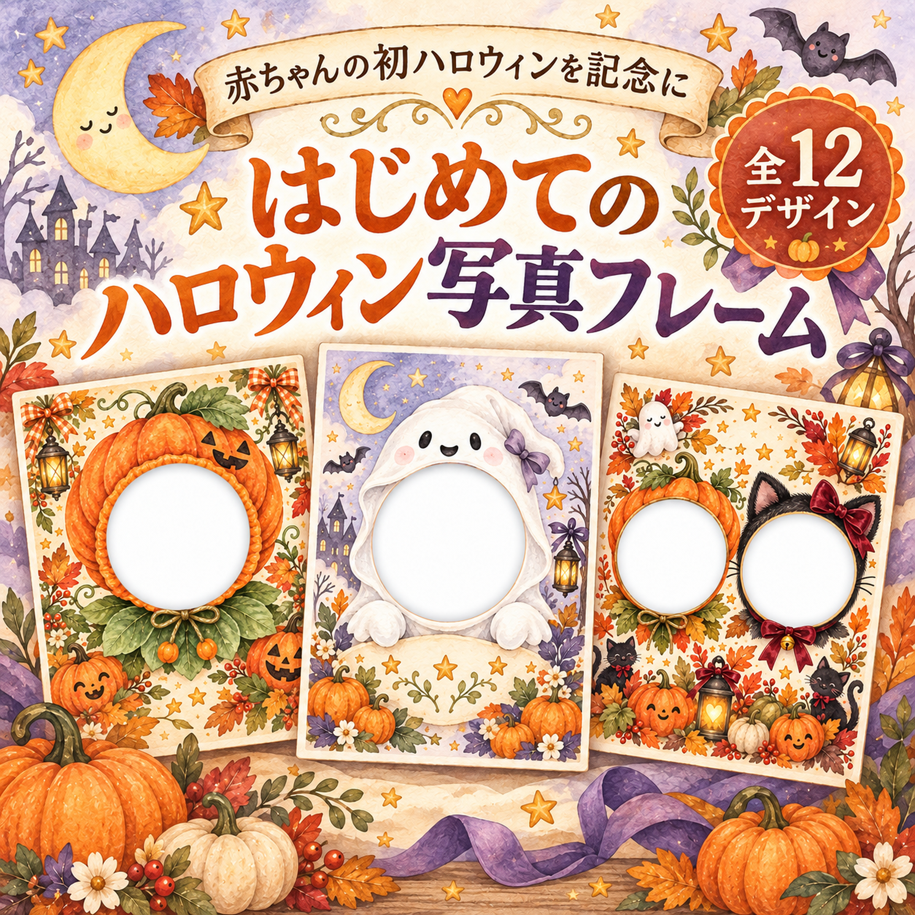 赤ちゃんのはじめてハロウィン写真フレーム12選｜無料イラスト素材 98083に写真・文字を入れる