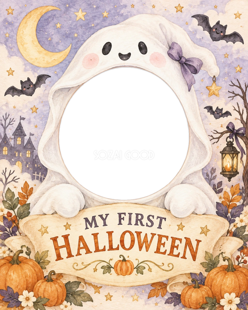 おばけフードで楽しむ赤ちゃんの初ハロウィン写真フレーム|無料イラスト 98085