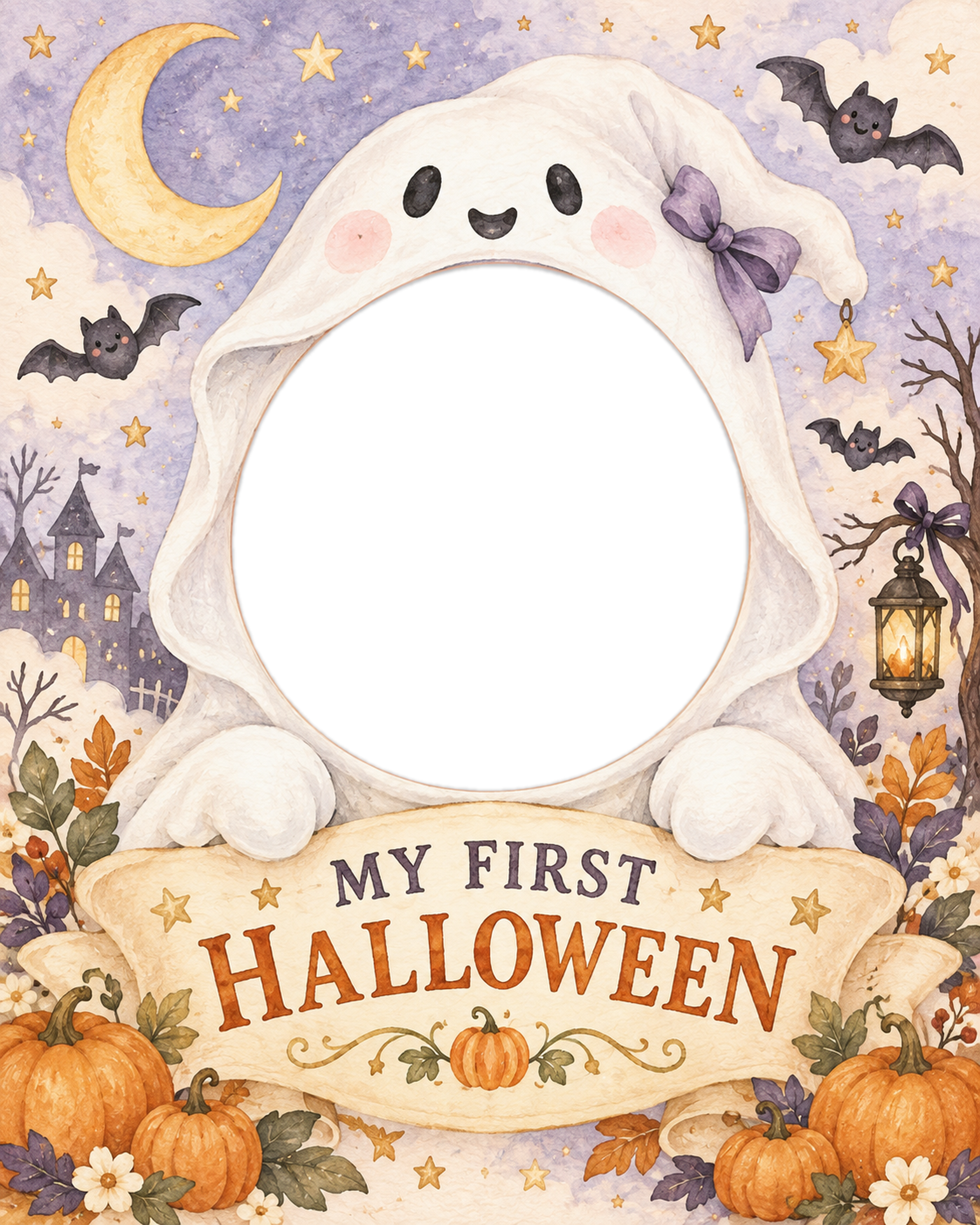 おばけフードで楽しむ赤ちゃんの初ハロウィン写真フレーム｜無料イラスト 98085に写真・文字を入れる