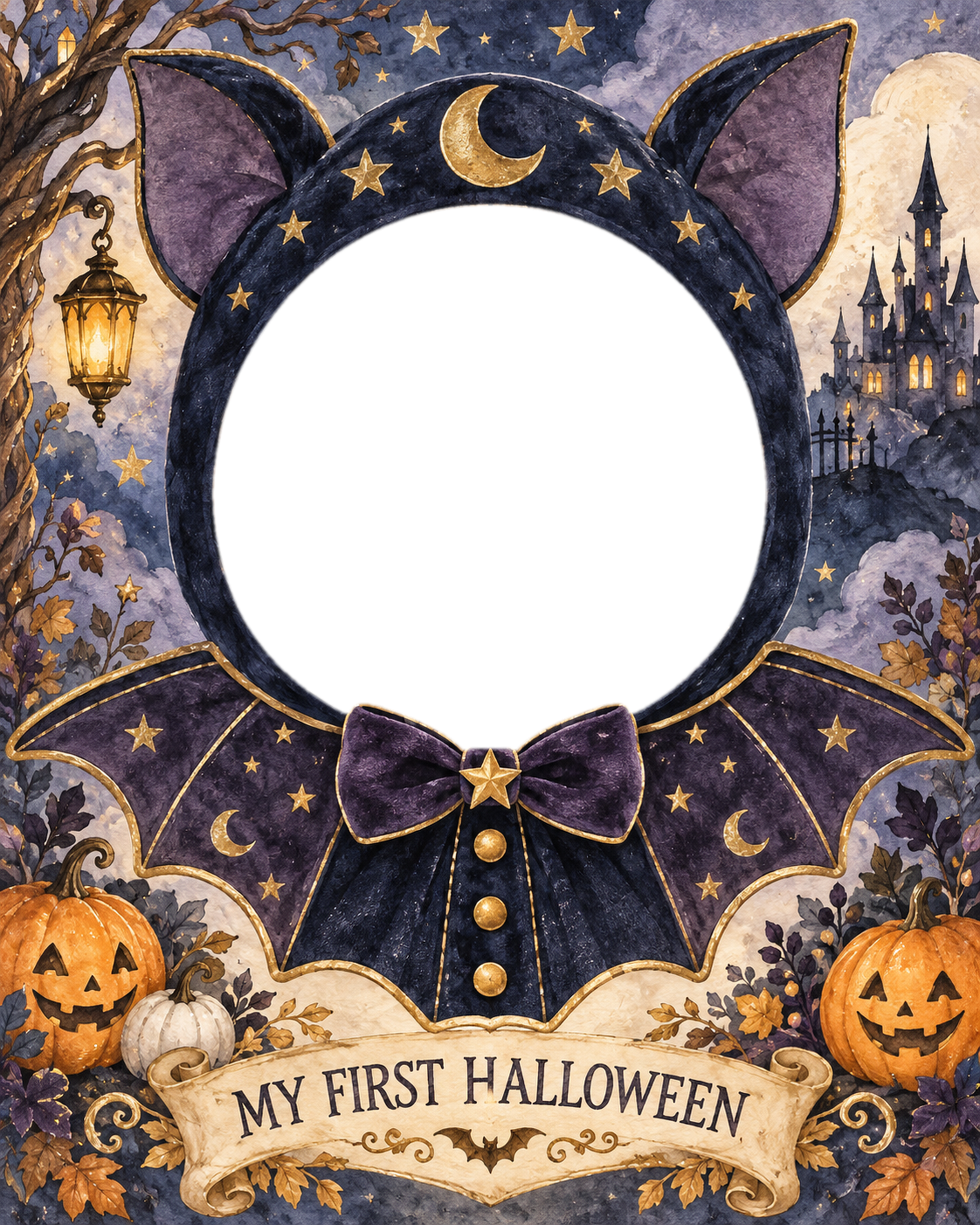 コウモリの羽スタイを飾る赤ちゃん用ハロウィン写真フレーム｜無料イラスト 98087に写真・文字を入れる