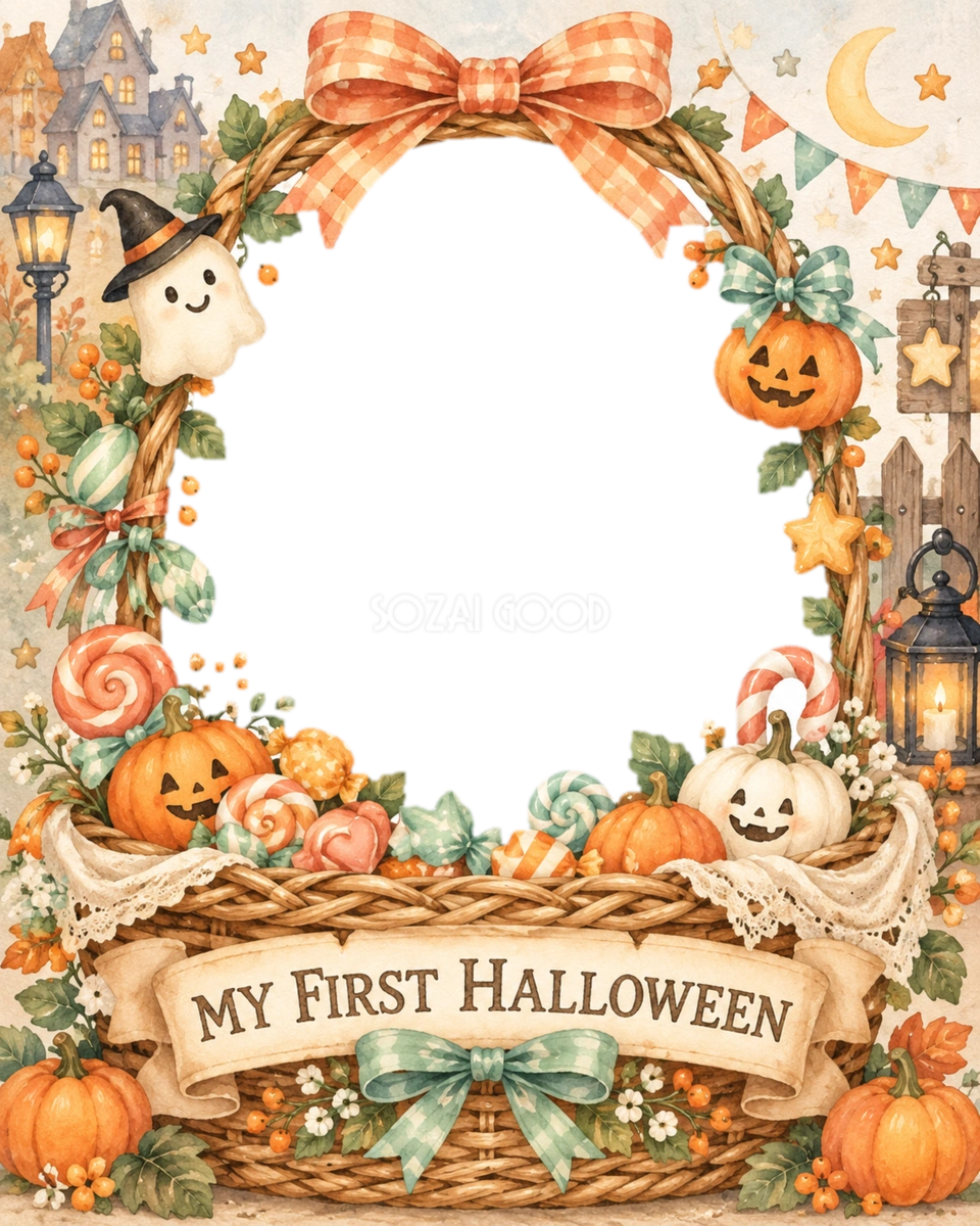 キャンディかごに入る赤ちゃん用ハロウィン写真フレーム｜無料イラスト 98088