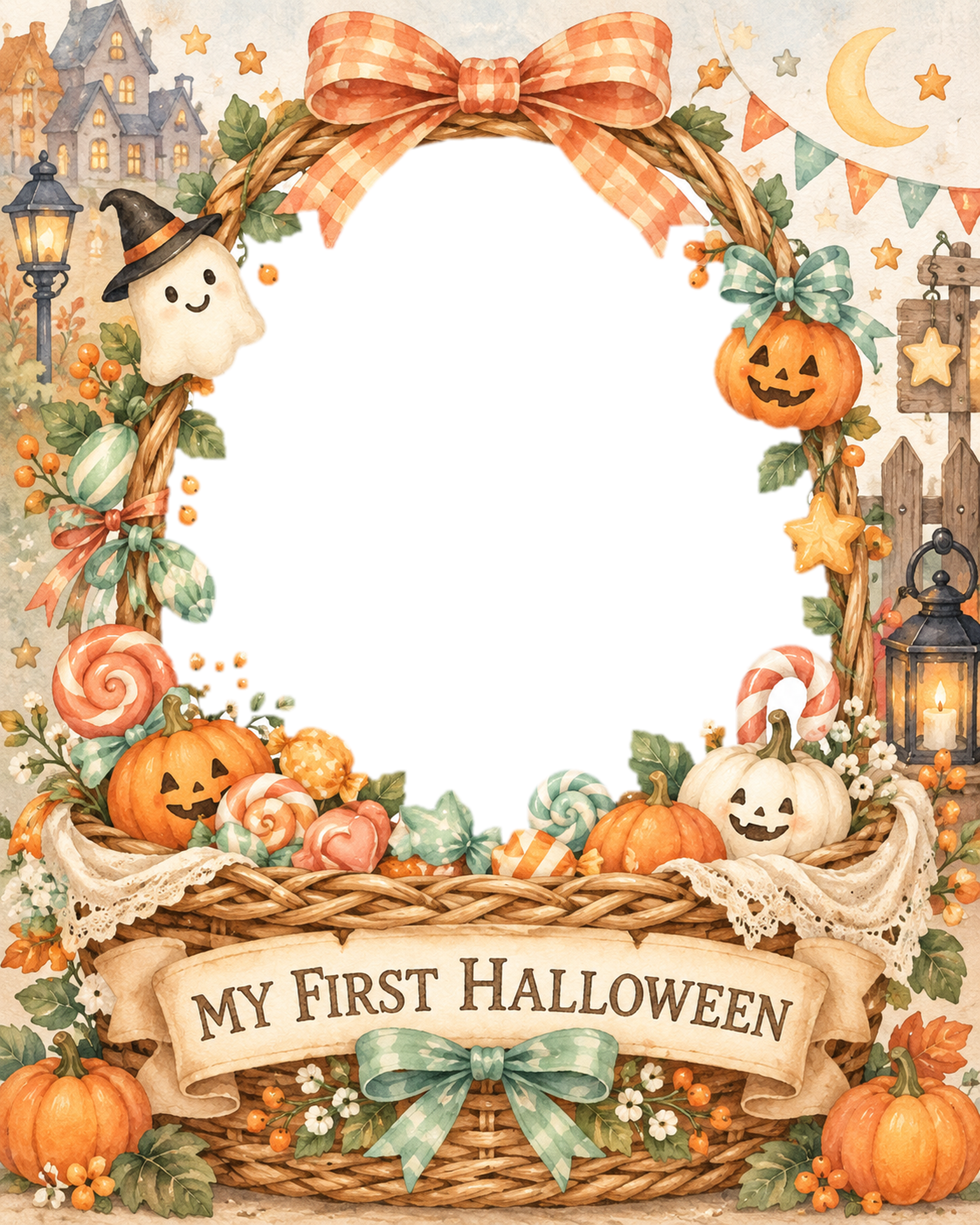 キャンディかごに入る赤ちゃん用ハロウィン写真フレーム｜無料イラスト 98088に写真・文字を入れる